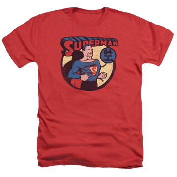 Red men's heather t-shirt with DC Comics Superman 64 graphic