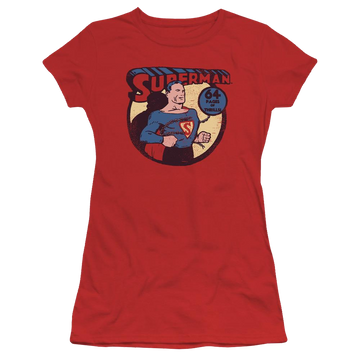 Red juniors t-shirt with DC Comics Superman 64 graphic