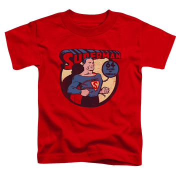 Red toddler t-shirt with Man of Steel Superman 64 graphic