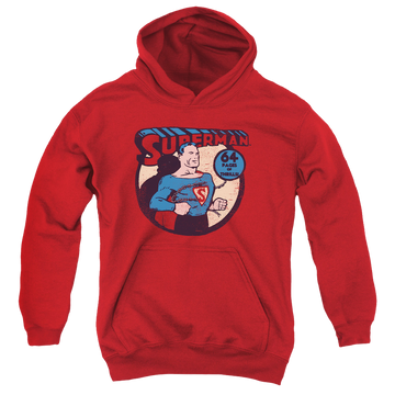 Red youth hoodie for ages 8 to 12 with Man of Steel Superman 64 graphic