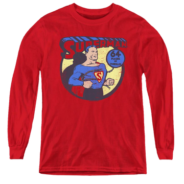 Red youth long sleeve t-shirt with Superman 64 graphic