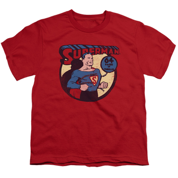 Red youth t-shirt for ages 8 to 12 with Man of Steel Superman 64 graphic