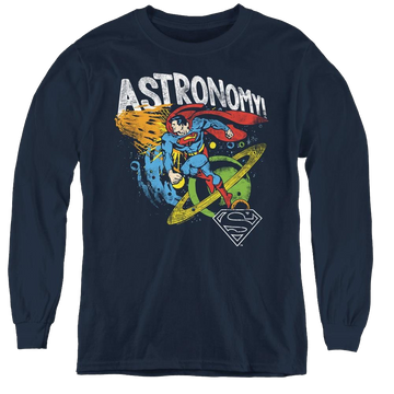 Navy youth long sleeve t-shirt with Superman Astronomy graphic
