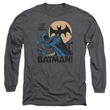 Charcoal men's long sleeve t-shirt with Batman DC Comics Look Out graphic