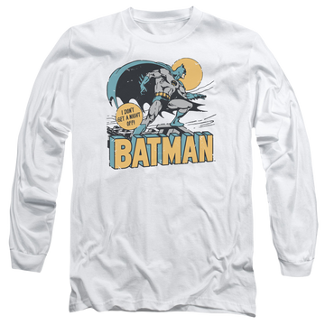White men's long sleeve t-shirt with Batman DC Comics Night Off graphic