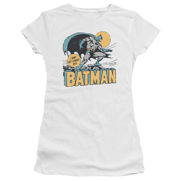 White juniors t-shirt with Batman DC Comics Night Off graphic