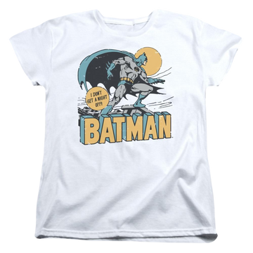 White women's t-shirt with Batman DC Comics Night Off graphic