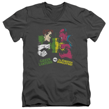 Charcoal men's v-neck t-shirt with DC Comics Gl Vs Sinestro graphic