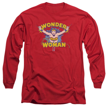 Red men's long sleeve t-shirt with Wonder Woman DC Comics Flying Through graphic
