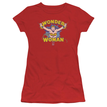 Red juniors t-shirt with Wonder Woman DC Comics Flying Through graphic