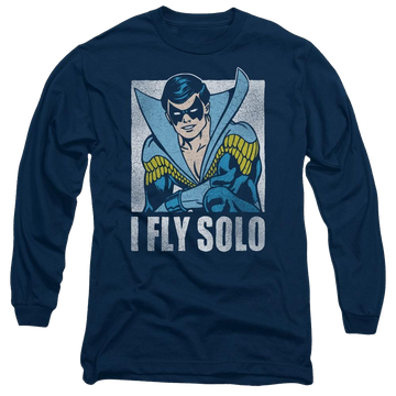 Navy men's long sleeve t-shirt with Nightwing DC Comics Fly Solo graphic