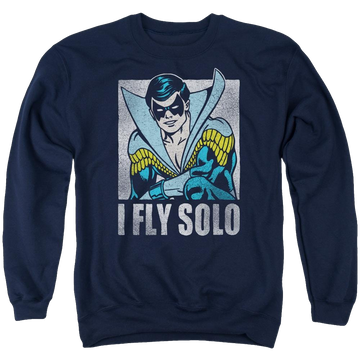Navy men's crewneck sweatshirt with Nightwing DC Comics Fly Solo graphic