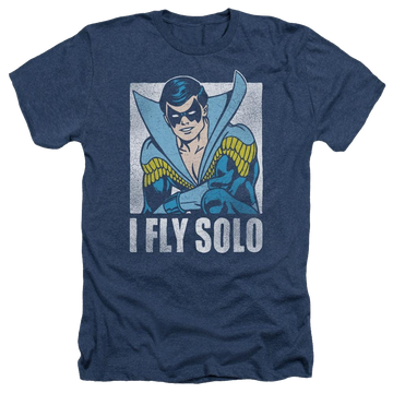 Navy men's heather t-shirt with Nightwing DC Comics Fly Solo graphic