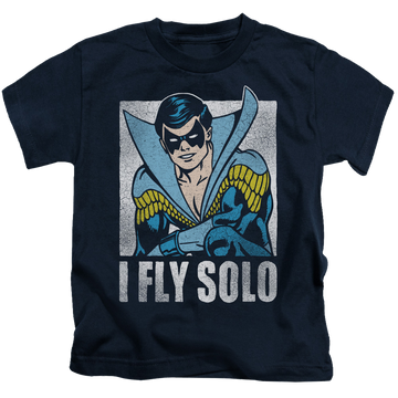Navy kid's t-shirt for ages 4 to 7 with Nightwing Fly Solo graphic