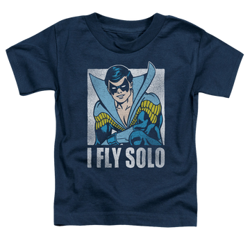 Navy toddler t-shirt with Nightwing Fly Solo graphic