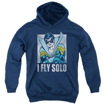 Navy youth hoodie for ages 8 to 12 with Nightwing Fly Solo graphic