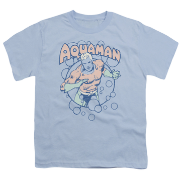 Light blue youth t-shirt for ages 8 to 12 with Aquaman Bubbles graphic