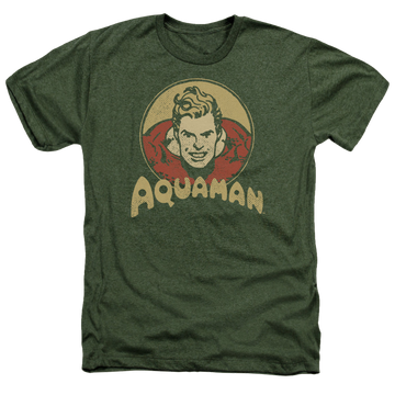 Military green men's heather t-shirt with Aquaman Aqua Circle graphic