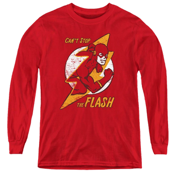 Red youth long sleeve t-shirt with Flash Bolt graphic