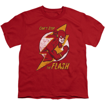 Red youth t-shirt for ages 8 to 12 with Flash Bolt graphic
