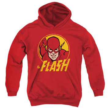 Red youth hoodie for ages 8 to 12 with Flash Circle graphic