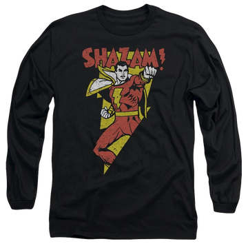 Black men's long sleeve t-shirt with Shazam DC Comics In Bolt graphic