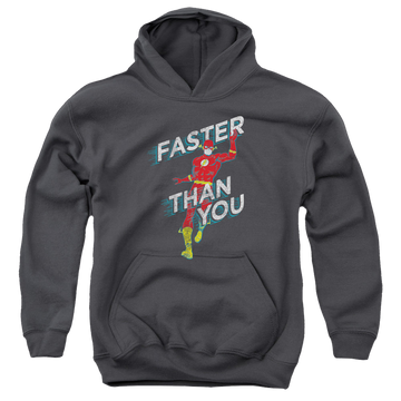Charcoal youth hoodie for ages 8 to 12 with The Flash Faster Than You graphic