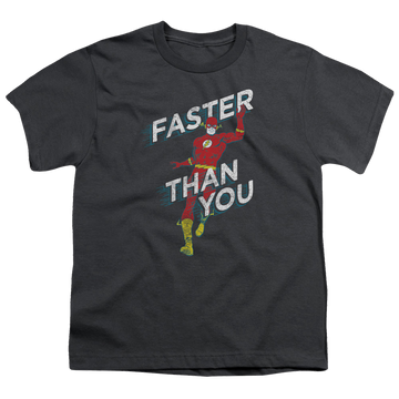 Charcoal youth t-shirt for ages 8 to 12 with The Flash Faster Than You graphic