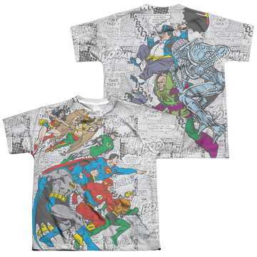 Justice League Face Off youth all-over print t-shirt for ages 8 to 12