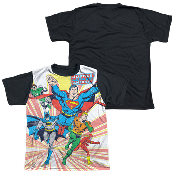 Justice League Coming At You youth black back t-shirt for ages 8 to 12