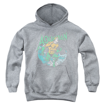 Athletic heather youth hoodie for ages 8 to 12 with Aquaman Marco graphic