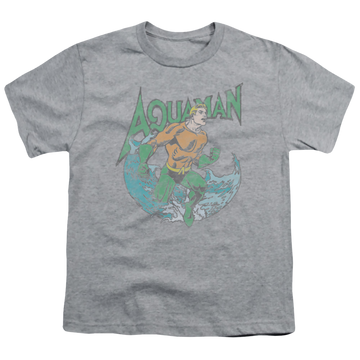 Athletic heather youth t-shirt for ages 8 to 12 with Aquaman Marco graphic