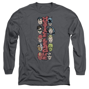 Charcoal men's long sleeve t-shirt with Justice League DC Comics Stacked Justice graphic