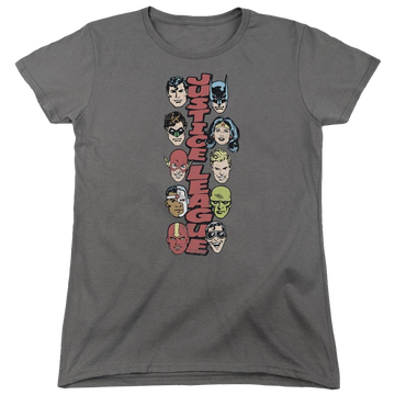 Charcoal women's t-shirt with Justice League DC Comics Stacked Justice graphic