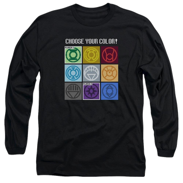 Black men's long sleeve t-shirt with Justice League DC Comics Choose Your Color graphic