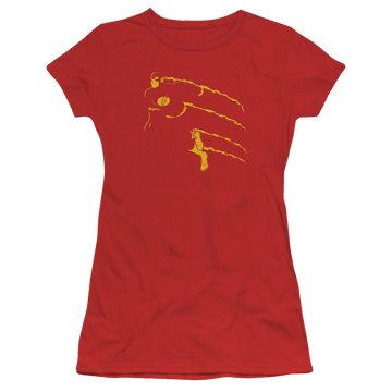 Red juniors t-shirt with Flash Min graphic