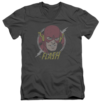 Charcoal men's v-neck t-shirt with The Flash Vintage Voltage graphic