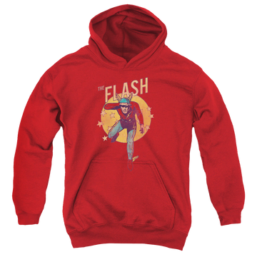 Red youth hoodie for ages 8 to 12 with The Flash Circle & Stars graphic