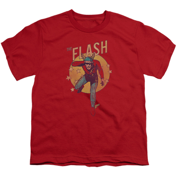 Red youth t-shirt for ages 8 to 12 with The Flash Circle & Stars graphic