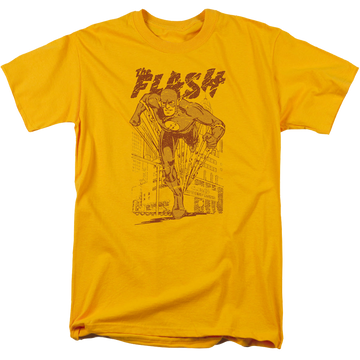 Gold men's regular fit t-shirt with The Flash Busting Out graphic