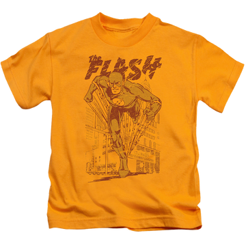 Gold kid's t-shirt for ages 4 to 7 with The Flash Busting Out graphic