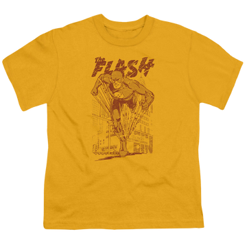 Gold youth t-shirt for ages 8 to 12 with The Flash Busting Out graphic