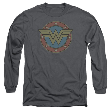 Charcoal men's long sleeve t-shirt with DC Comics Ww Vintage Emblem graphic