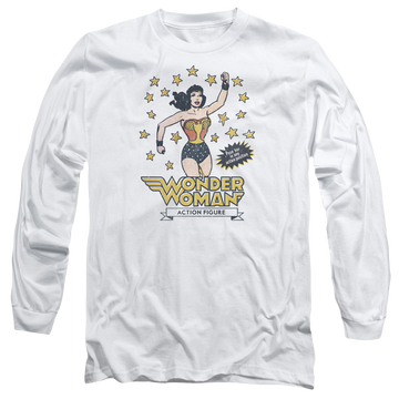 White men's long sleeve t-shirt with Wonder Woman DC Comics Action Figure graphic