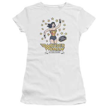 White juniors t-shirt with Wonder Woman DC Comics Action Figure graphic