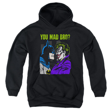 Black youth hoodie for ages 8 to 12 with Joker Mad Bro graphic