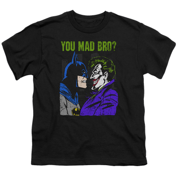 Black youth t-shirt for ages 8 to 12 with Joker Mad Bro graphic