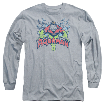 Athletic heather men's long sleeve t-shirt with Aquaman Splish Splash graphic