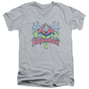 Athletic heather men's v-neck t-shirt with Aquaman Splish Splash graphic