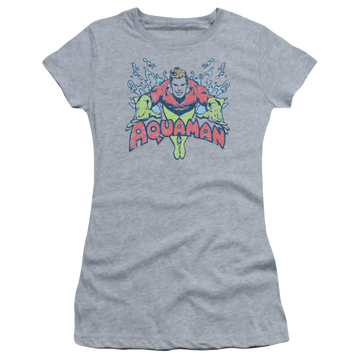 Athletic heather juniors t-shirt with Aquaman Splish Splash graphic